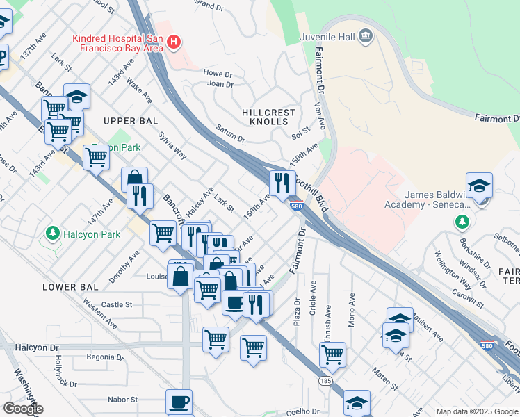 map of restaurants, bars, coffee shops, grocery stores, and more near 1700 150th Avenue in San Leandro