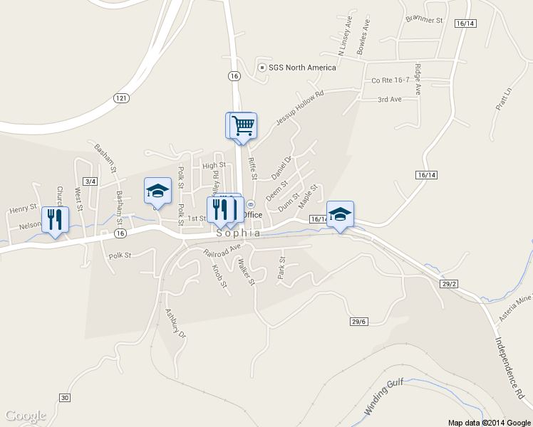 map of restaurants, bars, coffee shops, grocery stores, and more near 119 Deem St in Sophia