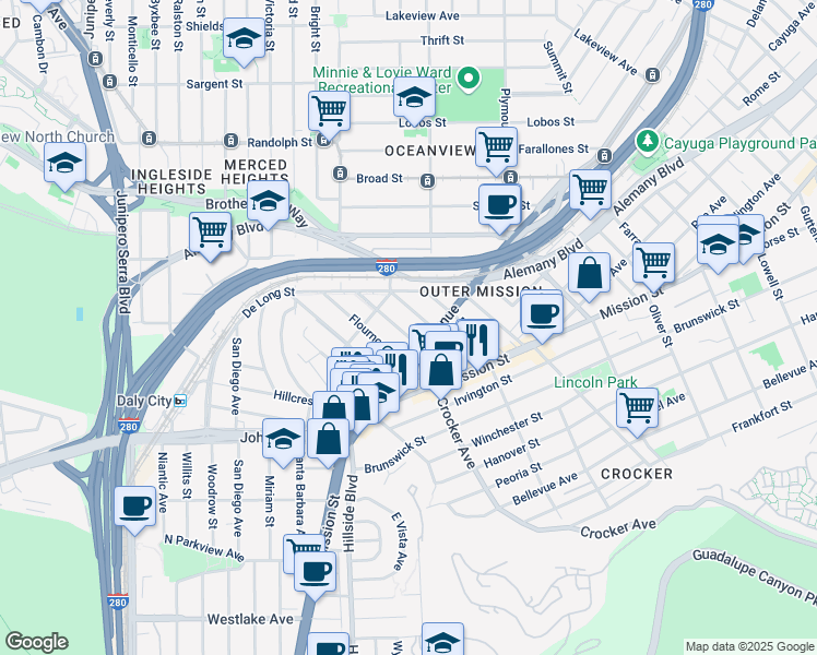 map of restaurants, bars, coffee shops, grocery stores, and more near 136 Wilson Street in San Francisco