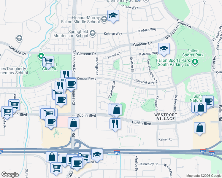 map of restaurants, bars, coffee shops, grocery stores, and more near 4490 Chancery Lane in Dublin