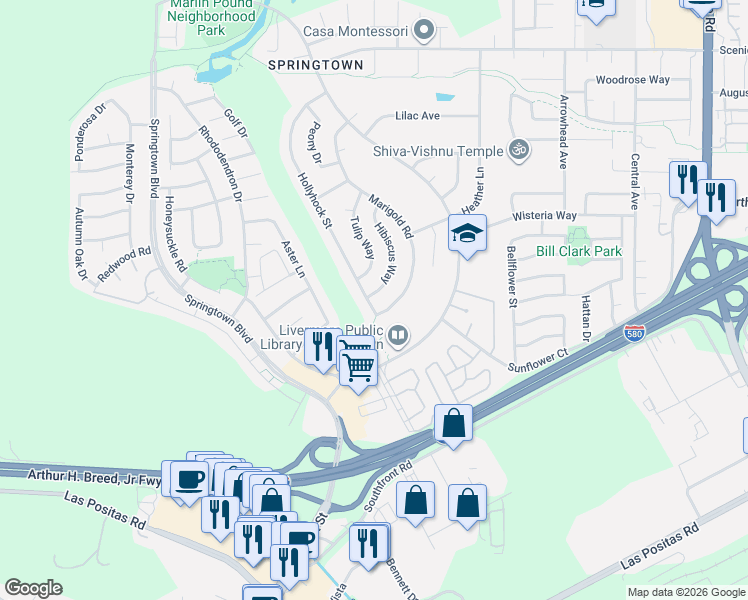 map of restaurants, bars, coffee shops, grocery stores, and more near 1059 Hollyhock Street in Livermore