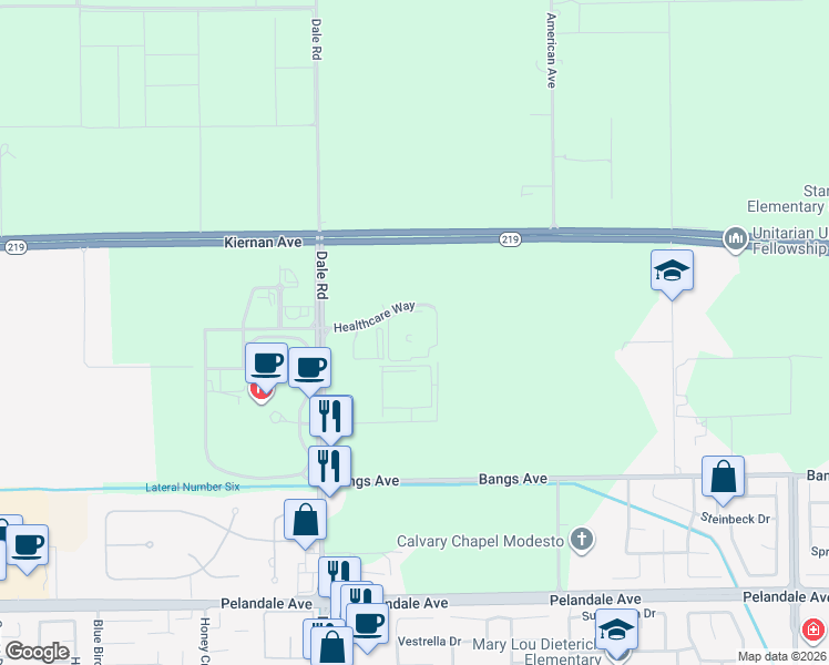 map of restaurants, bars, coffee shops, grocery stores, and more near 2828 Healthcare Way in Modesto