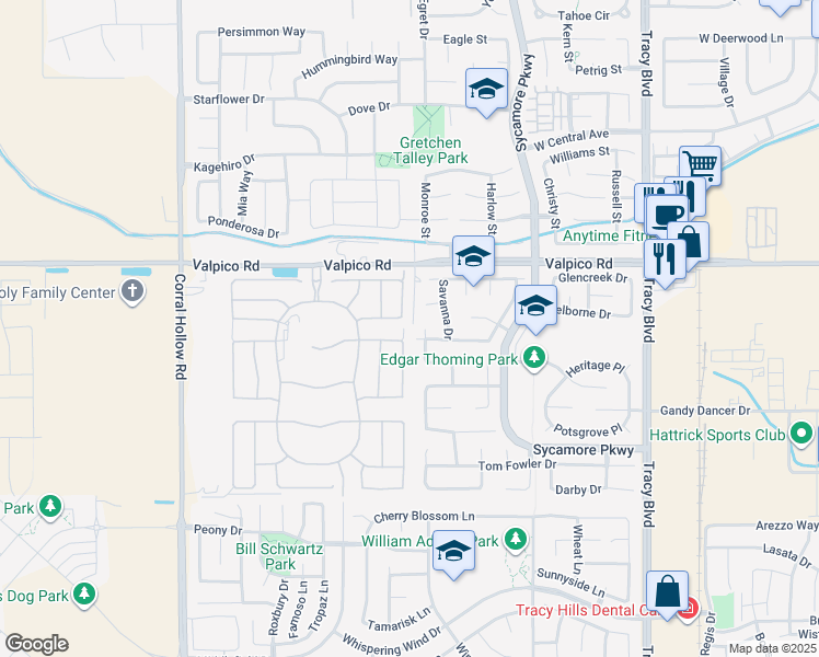 map of restaurants, bars, coffee shops, grocery stores, and more near 3060 Phoenix Avenue in Tracy
