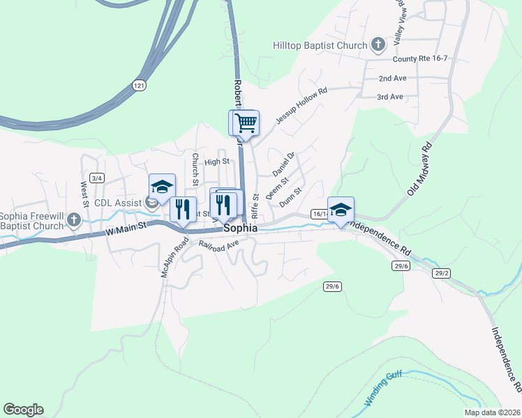 map of restaurants, bars, coffee shops, grocery stores, and more near 119 Deem St in Sophia