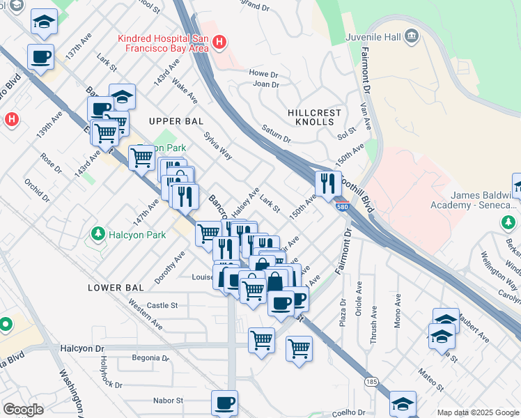 map of restaurants, bars, coffee shops, grocery stores, and more near 14910 Donald Avenue in San Leandro