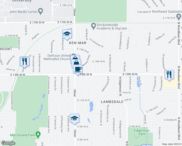 map of restaurants, bars, coffee shops, grocery stores, and more near 1402 Harding St in Wichita