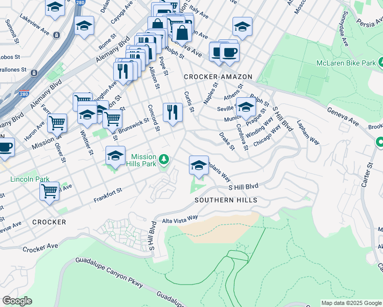 map of restaurants, bars, coffee shops, grocery stores, and more near 314 Polaris Way in San Francisco