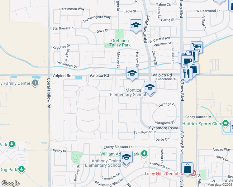 map of restaurants, bars, coffee shops, grocery stores, and more near 3025 Garden Court in Tracy