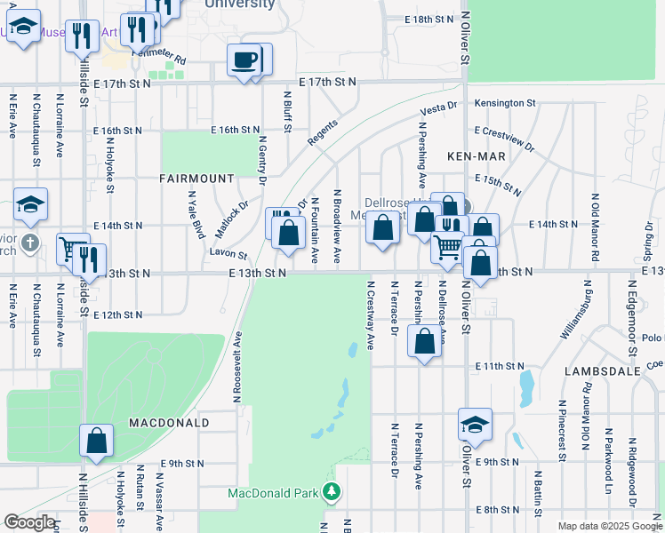 map of restaurants, bars, coffee shops, grocery stores, and more near 1401 North Broadview Avenue in Wichita