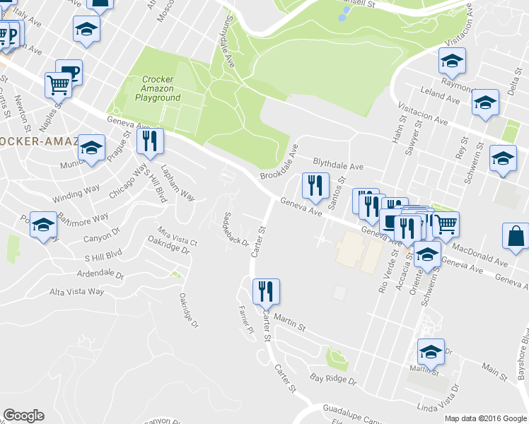 map of restaurants, bars, coffee shops, grocery stores, and more near 103 Carter Street in Daly City