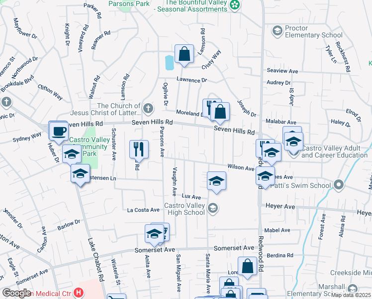 map of restaurants, bars, coffee shops, grocery stores, and more near 3987 Westbury Road in Castro Valley