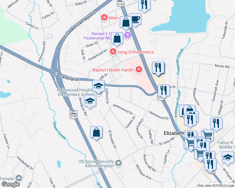 map of restaurants, bars, coffee shops, grocery stores, and more near 205 Westwood Court in Elizabethtown