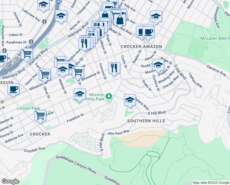 map of restaurants, bars, coffee shops, grocery stores, and more near 486 Pope Street in San Francisco