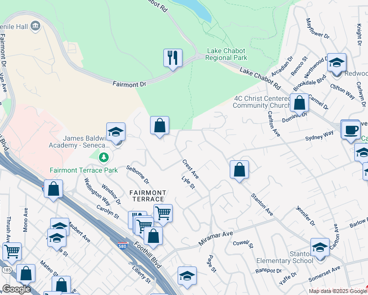 map of restaurants, bars, coffee shops, grocery stores, and more near 2508 Ridge Crest Court in Castro Valley