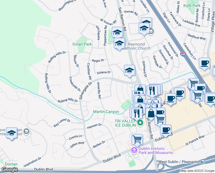 map of restaurants, bars, coffee shops, grocery stores, and more near 11745 Casa Linda Court in Dublin
