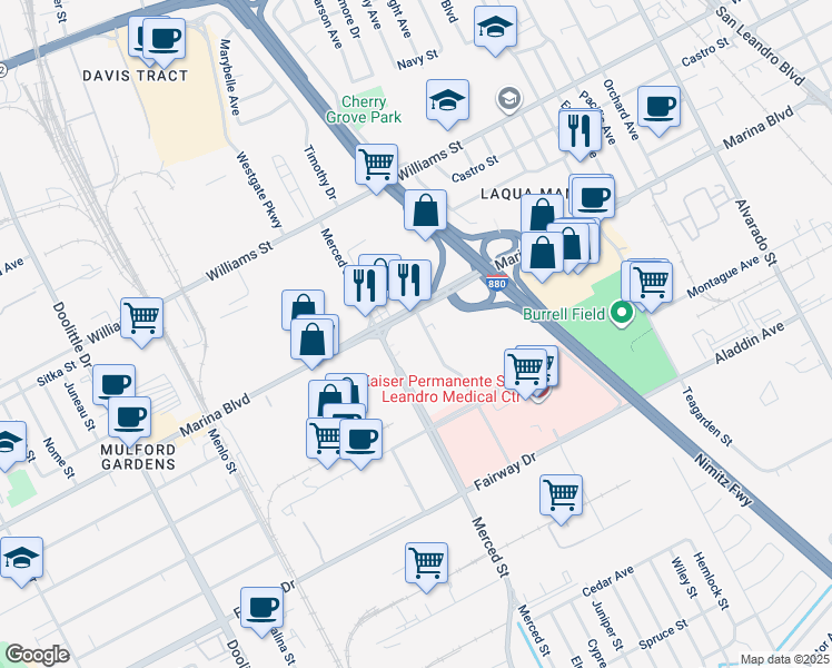 map of restaurants, bars, coffee shops, grocery stores, and more near 1821 Marina Boulevard in San Leandro