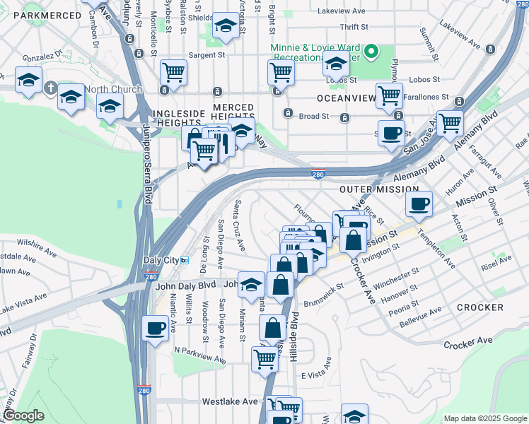 map of restaurants, bars, coffee shops, grocery stores, and more near 1V00 Head Street in San Francisco