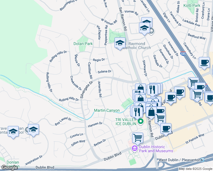 map of restaurants, bars, coffee shops, grocery stores, and more near 11733 Casa Linda Court in Dublin