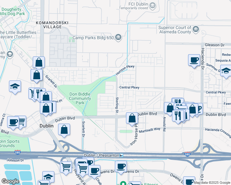 map of restaurants, bars, coffee shops, grocery stores, and more near 5789 Nugget Way in Dublin