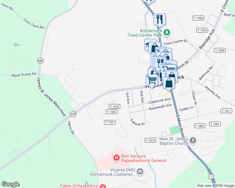 map of restaurants, bars, coffee shops, grocery stores, and more near 335 Irvington Road in Kilmarnock