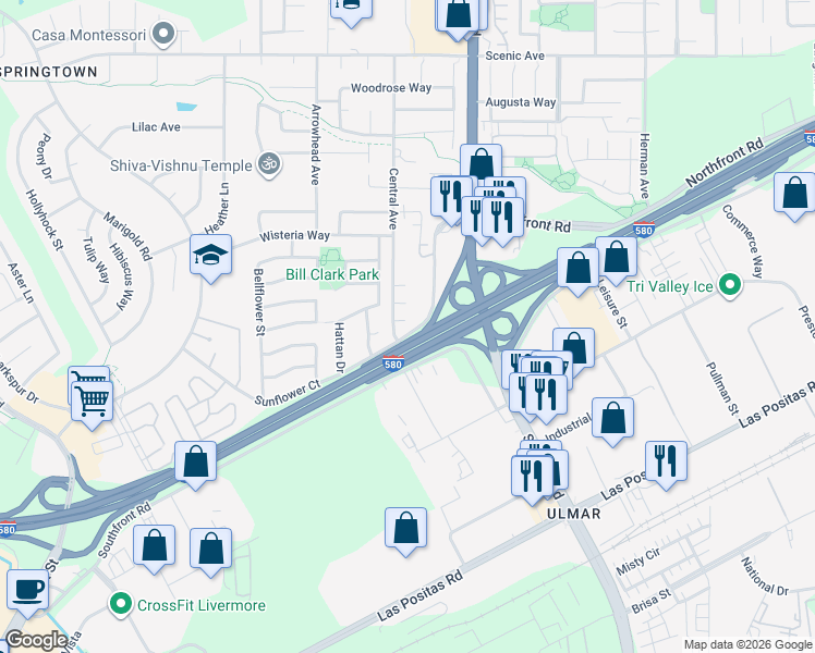 map of restaurants, bars, coffee shops, grocery stores, and more near 725 Central Avenue in Livermore