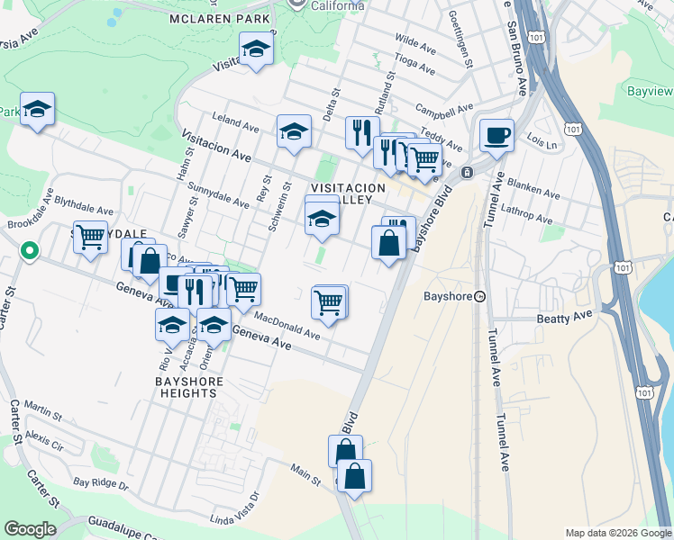 map of restaurants, bars, coffee shops, grocery stores, and more near 266 Peabody Street in San Francisco