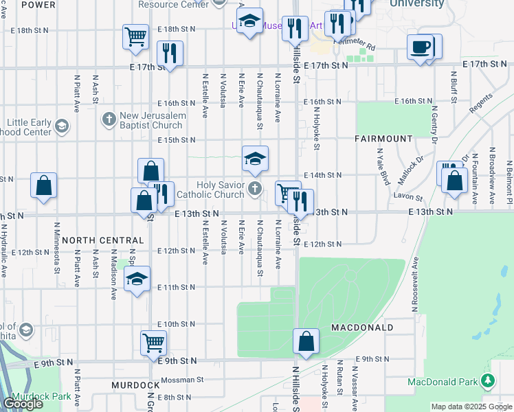 map of restaurants, bars, coffee shops, grocery stores, and more near 2912 East 13th Street North in Wichita