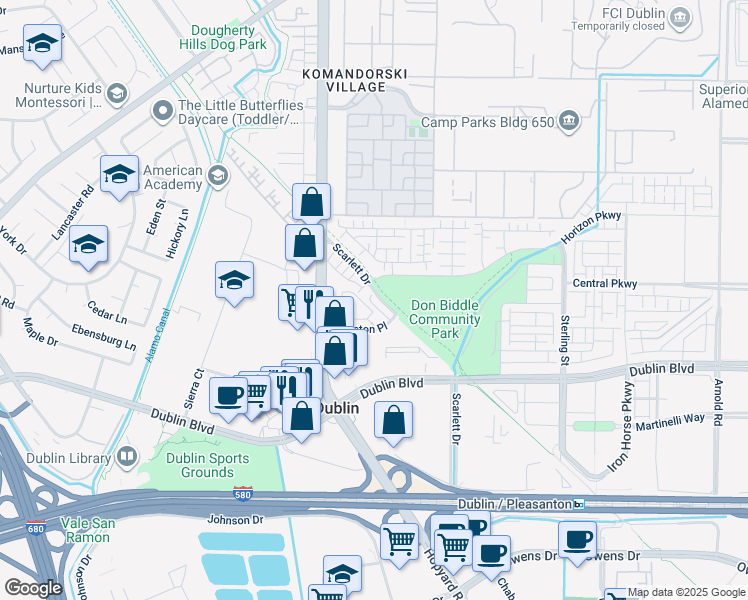 map of restaurants, bars, coffee shops, grocery stores, and more near 6167 Moore Place in Dublin