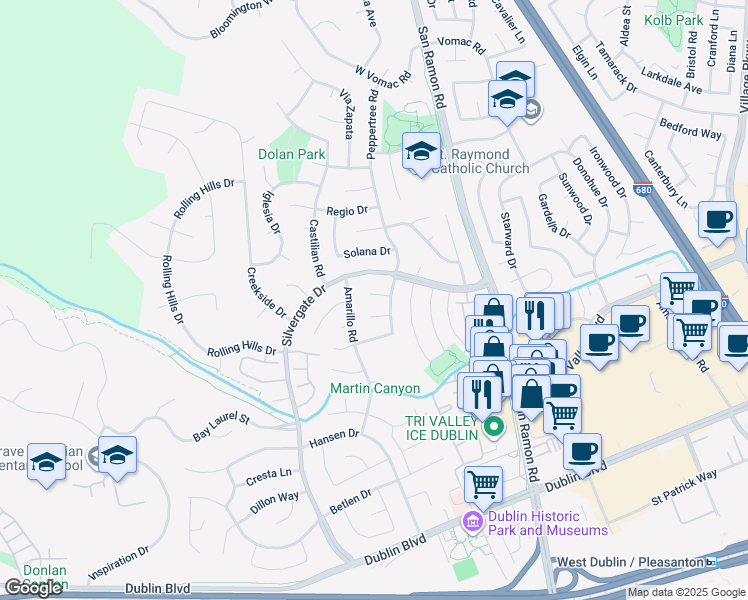 map of restaurants, bars, coffee shops, grocery stores, and more near 11733 Casa Linda Court in Dublin