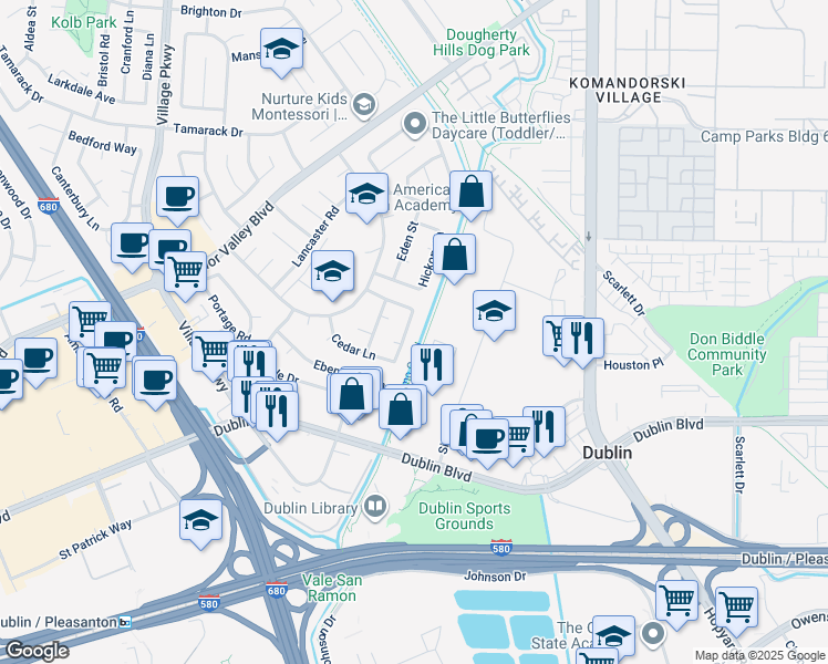map of restaurants, bars, coffee shops, grocery stores, and more near 6637 Spruce Lane in Dublin
