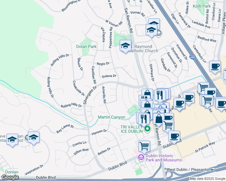 map of restaurants, bars, coffee shops, grocery stores, and more near 11745 Casa Linda Court in Dublin