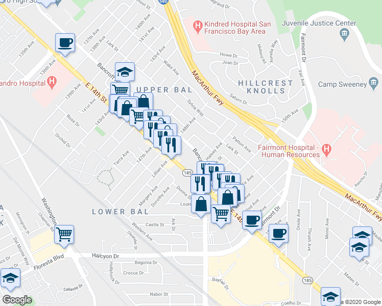 map of restaurants, bars, coffee shops, grocery stores, and more near 14857 Bancroft Avenue in San Leandro