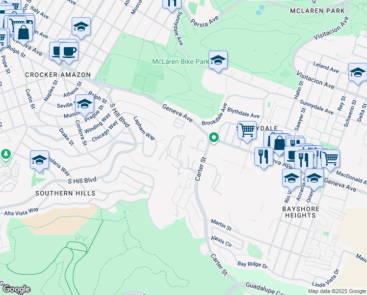 map of restaurants, bars, coffee shops, grocery stores, and more near 1608 Birchwood Court in San Francisco