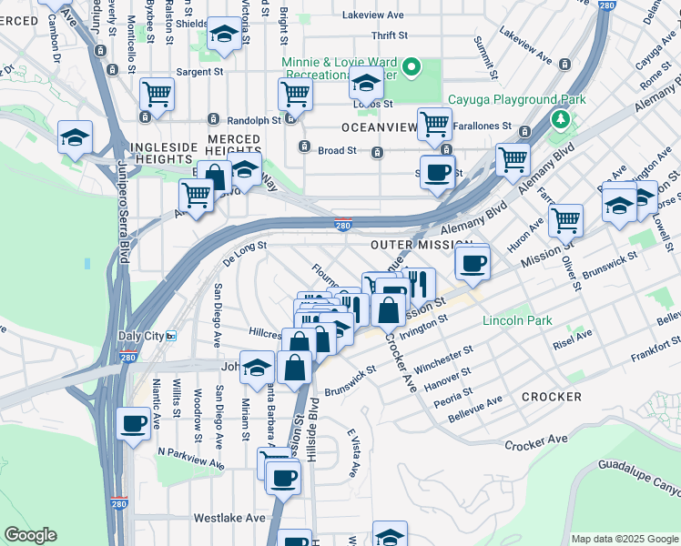 map of restaurants, bars, coffee shops, grocery stores, and more near 188 Flournoy Street in San Francisco