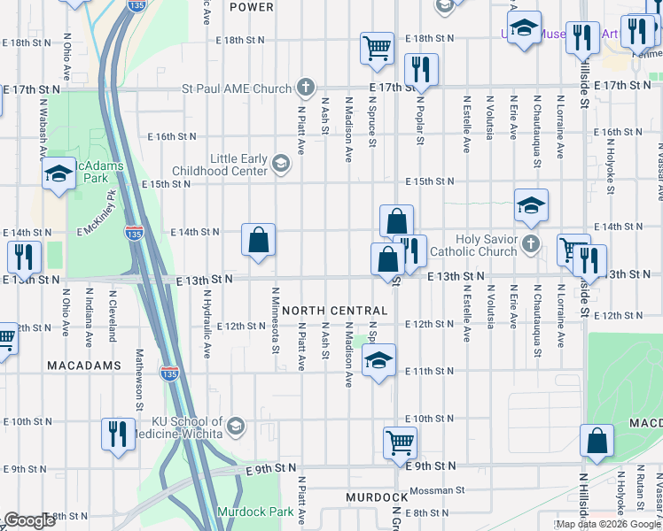 map of restaurants, bars, coffee shops, grocery stores, and more near 2130 East 13th St N in Wichita