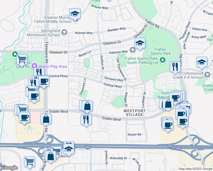 map of restaurants, bars, coffee shops, grocery stores, and more near 3437 Central Parkway in Dublin