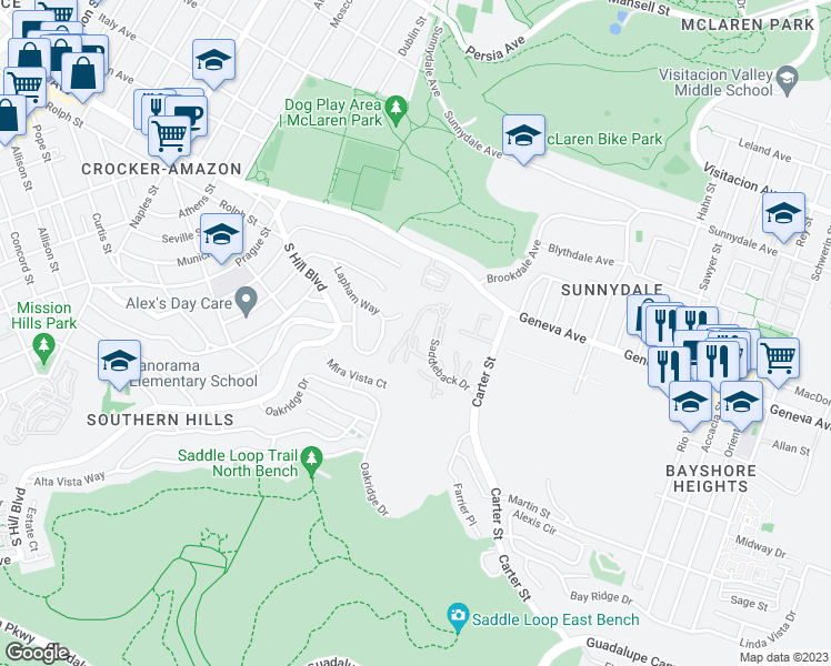 map of restaurants, bars, coffee shops, grocery stores, and more near 810 Red Leaf Court in San Francisco