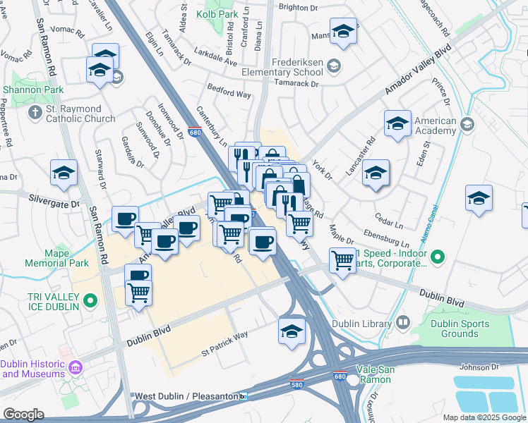 map of restaurants, bars, coffee shops, grocery stores, and more near 7106 Village Parkway in Dublin