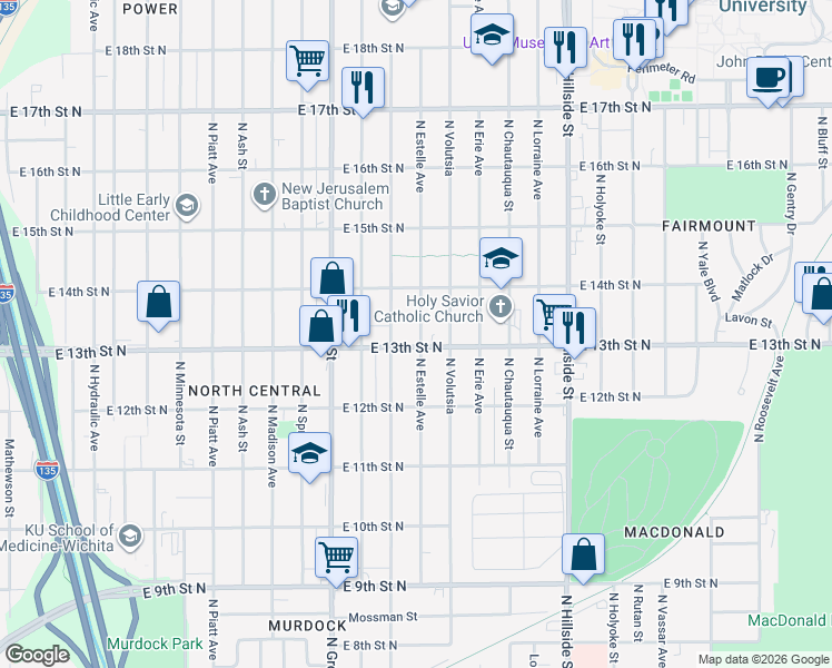 map of restaurants, bars, coffee shops, grocery stores, and more near 2626 East 13th Street North in Wichita