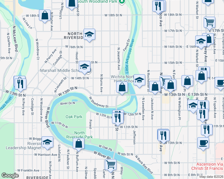 map of restaurants, bars, coffee shops, grocery stores, and more near in Wichita