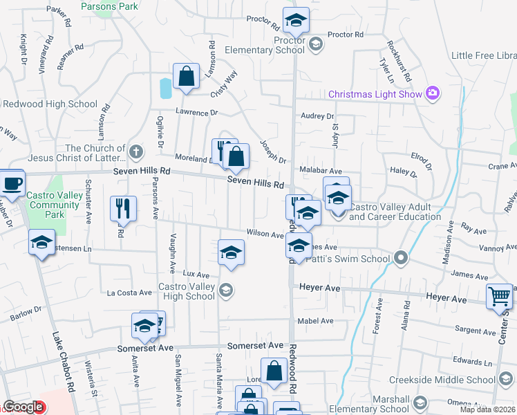map of restaurants, bars, coffee shops, grocery stores, and more near 18864 California Street in Castro Valley