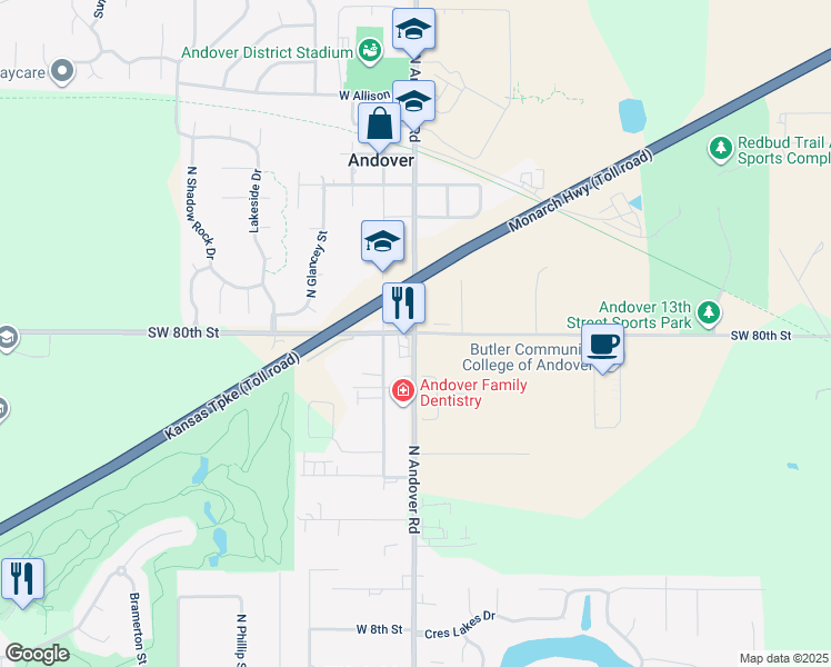 map of restaurants, bars, coffee shops, grocery stores, and more near 103 Southwest 80th Street in Andover