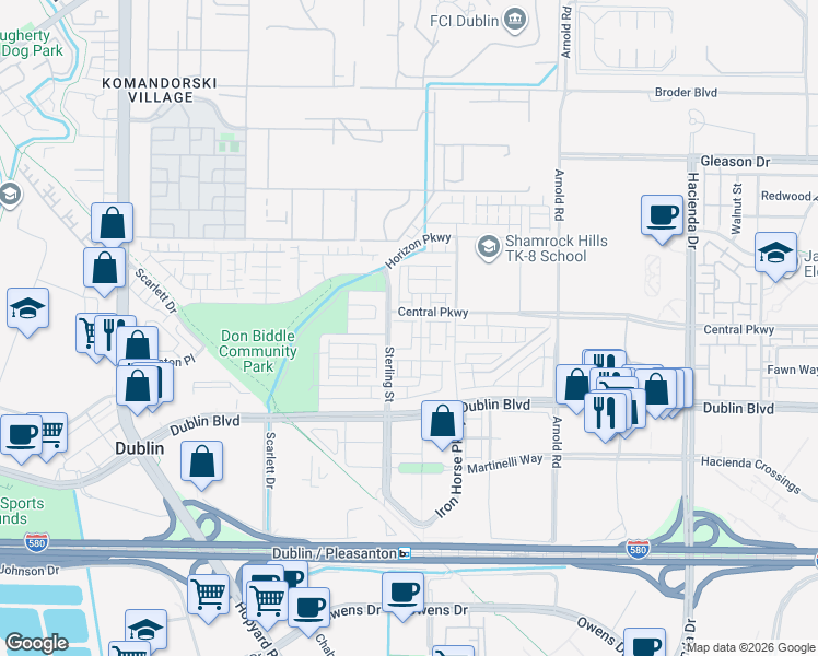 map of restaurants, bars, coffee shops, grocery stores, and more near 5690 Metrose Court in Dublin