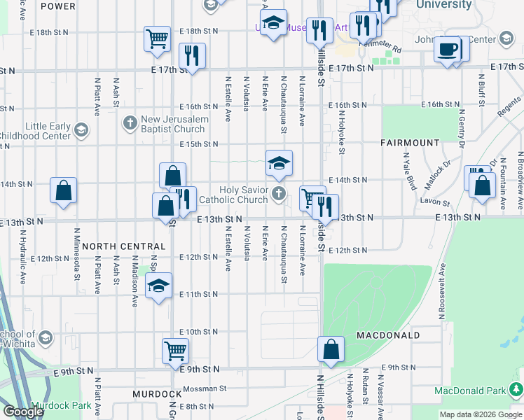map of restaurants, bars, coffee shops, grocery stores, and more near 2912 East 13th Street North in Wichita