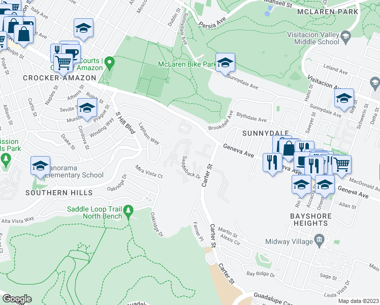 map of restaurants, bars, coffee shops, grocery stores, and more near 1608 Birchwood Court in San Francisco