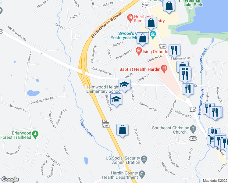 map of restaurants, bars, coffee shops, grocery stores, and more near 109 Melanie Lane in Elizabethtown