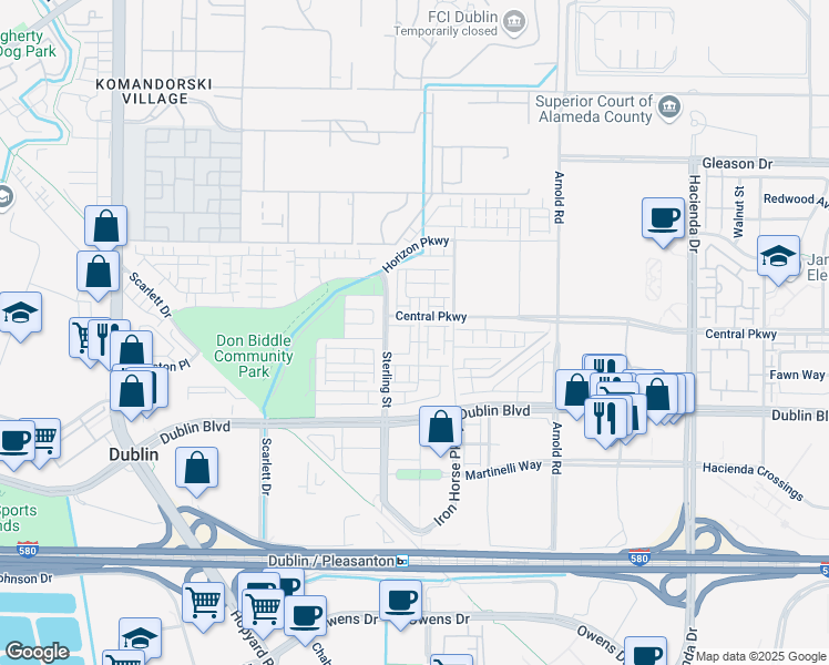 map of restaurants, bars, coffee shops, grocery stores, and more near 5780 El Dorado Lane in Dublin