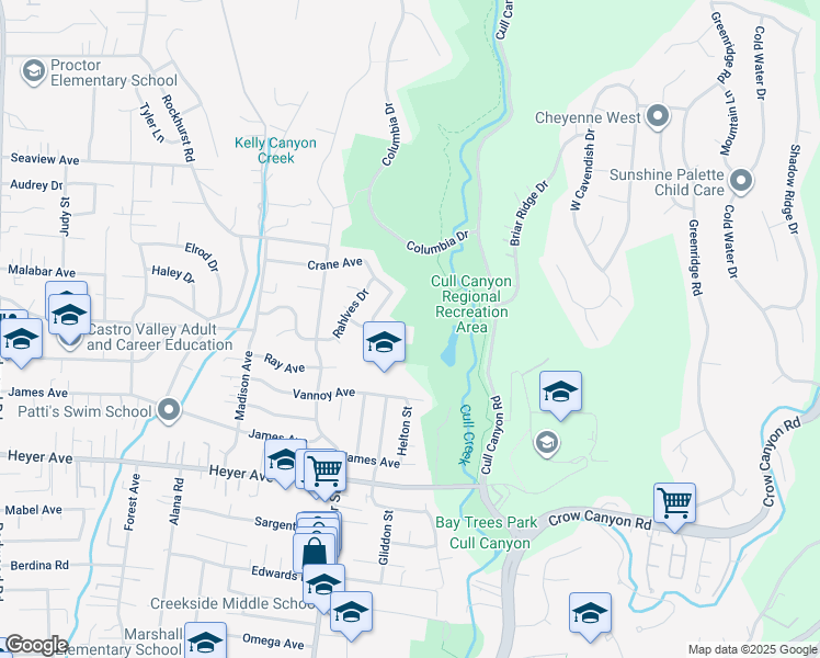 map of restaurants, bars, coffee shops, grocery stores, and more near 5295 Winifred Drive in Castro Valley