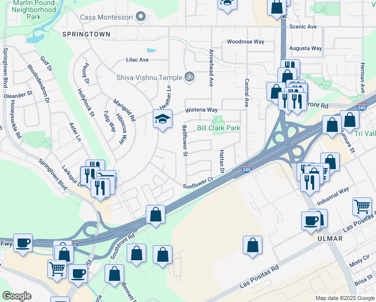 map of restaurants, bars, coffee shops, grocery stores, and more near 5310 Rainflower Drive in Livermore