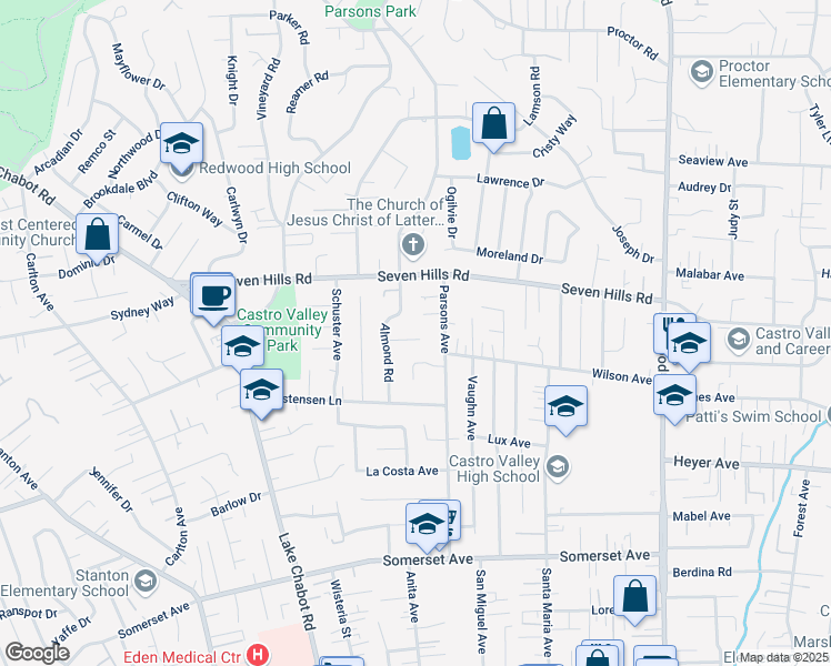 map of restaurants, bars, coffee shops, grocery stores, and more near 3788 Almond Court in Castro Valley